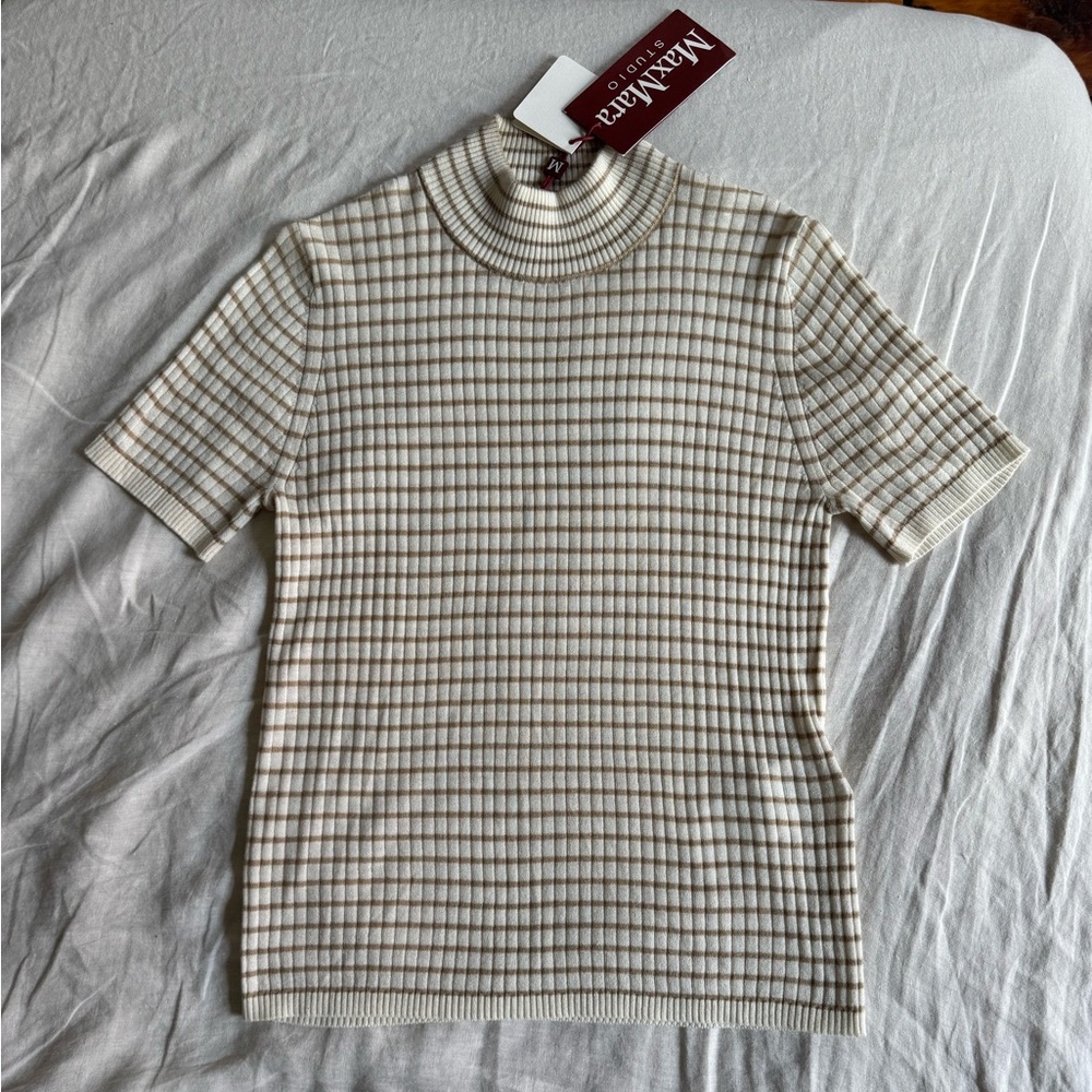 MaxMara Studio Tan & Cream Striped Turtleneck Knit Top
